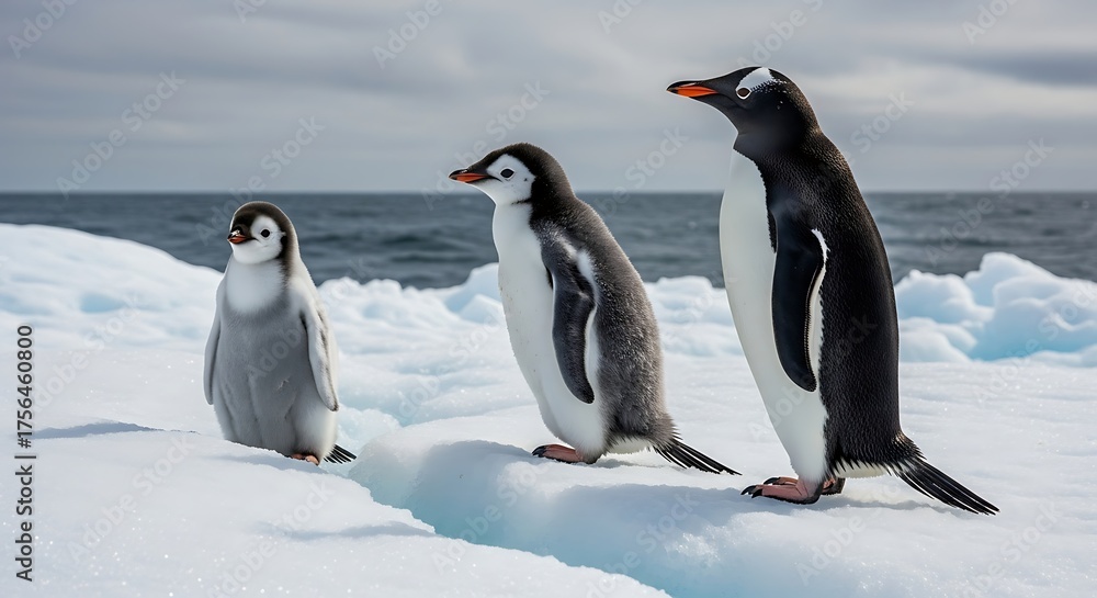 Fototapeta premium A family of Gentoo penguins, an adult with two fluffy chicks, standing together on a floating iceberg in the cold Antarctic wilderness
