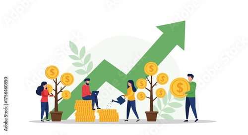 Vector illustration of financial growth concept with people watering money trees and coins, increasing graph