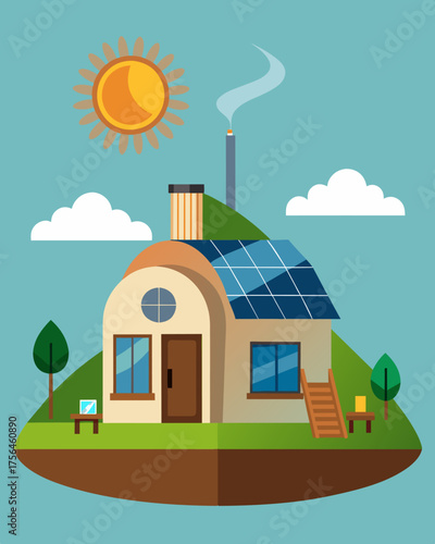 A sustainable earthship home constructed out of recycled materials and utilizing solar power to meet all of its energy needs.. Vector illustration