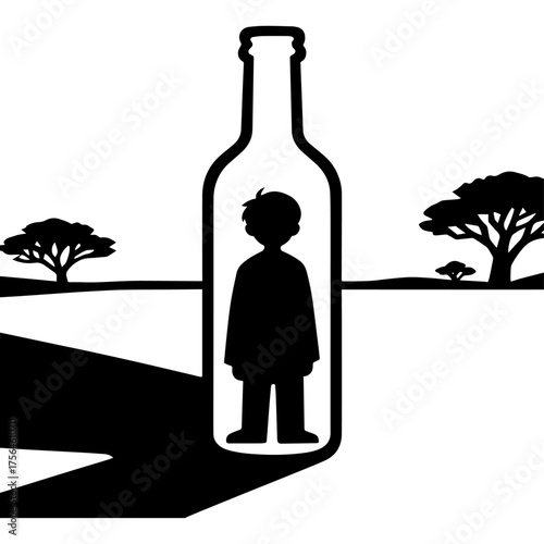 Minimal black and white vector illustration of a person trapped inside a bottle — conceptual art symbolizing isolation, loneliness, mental health, depression, and confinement — modern abstract silhoue