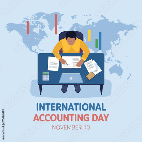 Vector art of accountant working at desk with laptop, papers, and charts, celebrating international accounting day