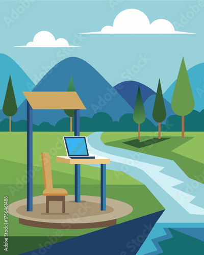 A sleek minimalistic outdoor desk by a tranquil river powered by solar panels incorporated into the structure.. Vector illustration