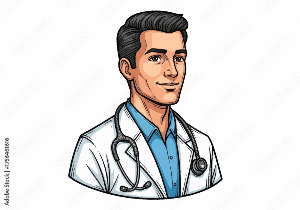 Fototapeta premium Portrait of a confident male doctor wearing a white lab coat and stethoscope.