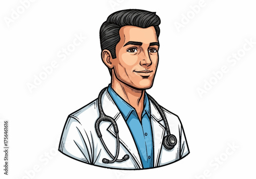 Portrait of a confident male doctor wearing a white lab coat and stethoscope.