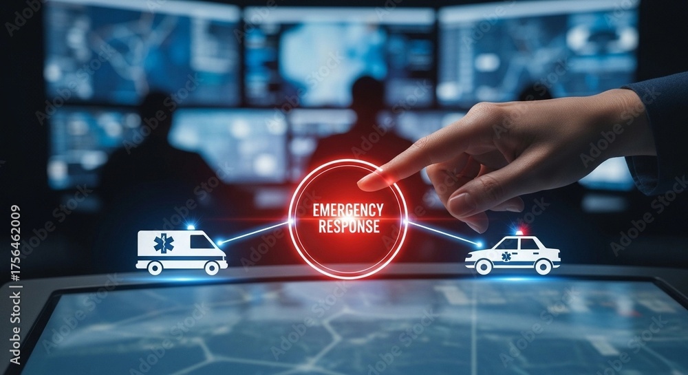 Naklejka premium Emergency response concept with ambulance, police car, and a person's hand touching a glowing button.