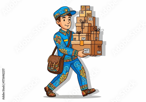 Postman Carrying Stack of Parcels.
