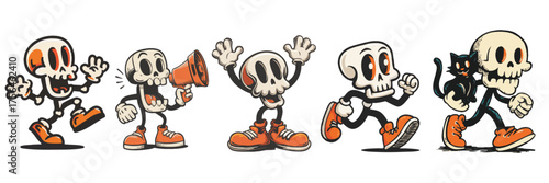 vintage retro style halloween skeleton cartoon mascot character with expressive faces and gestures