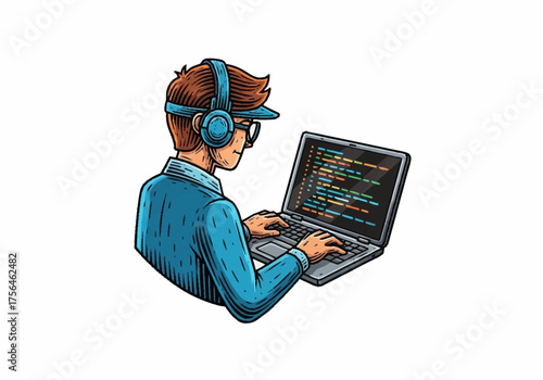 Programmer wearing headphones and cap coding on laptop computer.