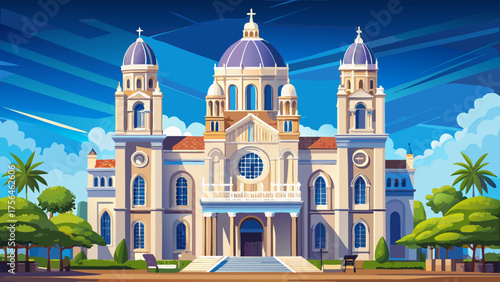 Very beautiful Cathedral-Basilica of the Immaculate Conception in Mobile, Alabama, USA, featuring elegant twin towers, neoclassical architecture, arched windows, and serene surroundings under a clear 