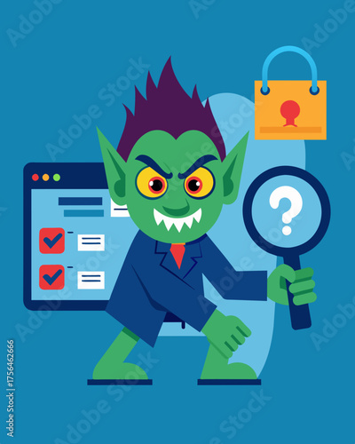 A sinister troll manipulating search engine results to deceive and confuse users.. Vector illustration