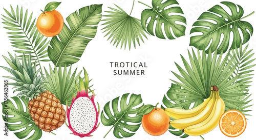 Vector illustration of tropical summer fruits and leaves border with text trotical summer
