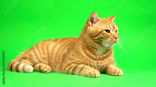 Marketing & Advertising with ginger cat lying and looked around on a green screen distortion, overlay, glitch, static noise, scan lines black background, 4k animated video loop