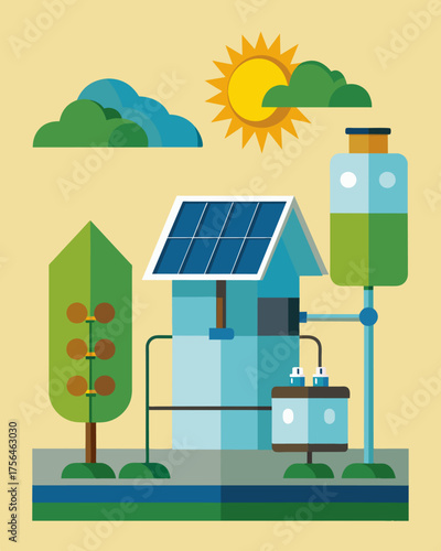 A selfsustaining solar filtration system that uses a combination of solar energy and natural filtration elements making it ecofriendly and costeffective.. Vector illustration
