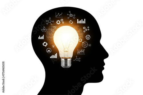 Innovative mind generating brilliant ideas with a glowing lightbulb and data icons inside head silhouette, representing creative thought process