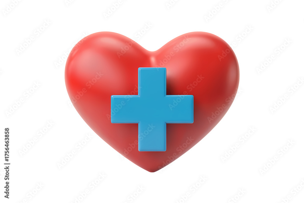 Fototapeta premium 3d illustration icon of symbolic red heart with a blue cross, representing healthcare and well-being . Isolated on transparent background, png