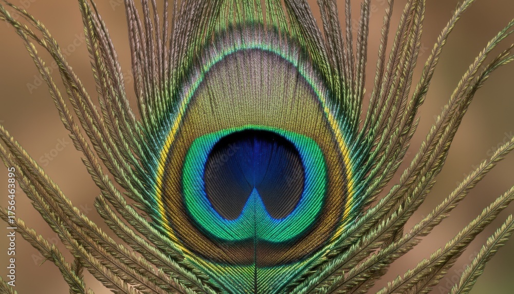 Obraz premium Macro closeup of peacock feather, vibrant green, blue, and gold detail. Abstract exotic bird plumage, texture, natural pattern, iridescent, colorful, beauty, soft focus, animal nature.