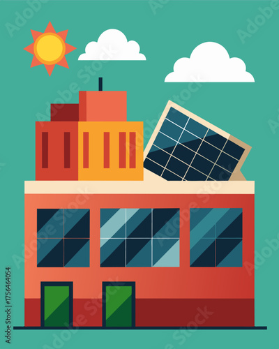 A tingedge downtown gallery boasting an impressive array of solar panels on its rooftop providing energy for the gallerys unique digital art installations.. Vector illustration
