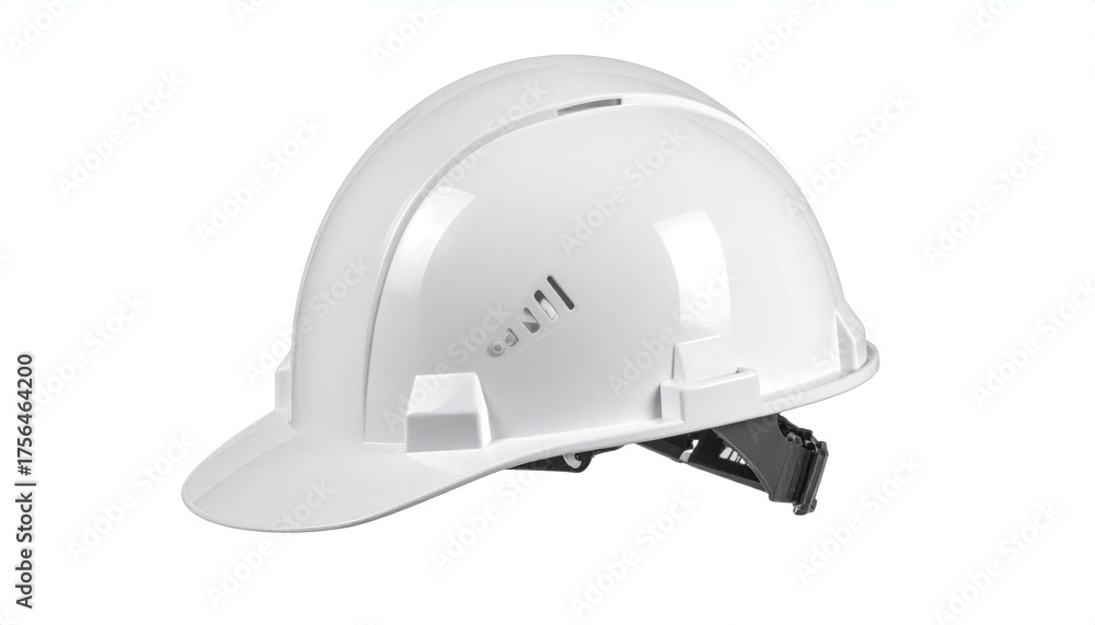 Fototapeta premium A white safety helmet, angled slightly to the left, with vents, chin strap, and a brim