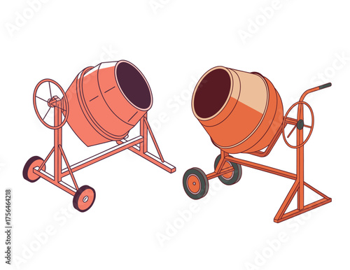 Vector art of two portable cement mixers for construction, , ready to mix concrete