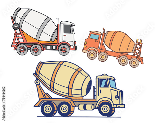 Vector art of three cement mixer trucks in different colors, construction vehicle illustration