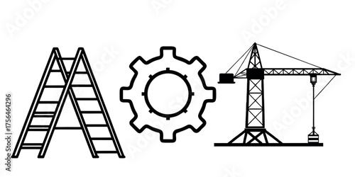 Vector art of ladder, gear and crane, construction and industry symbol illustration