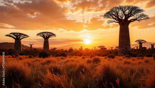 Giant Baobab trees silhouetted against a vibrant orange sunset sky in the Malagasy savannah with dry golden grass in the foreground