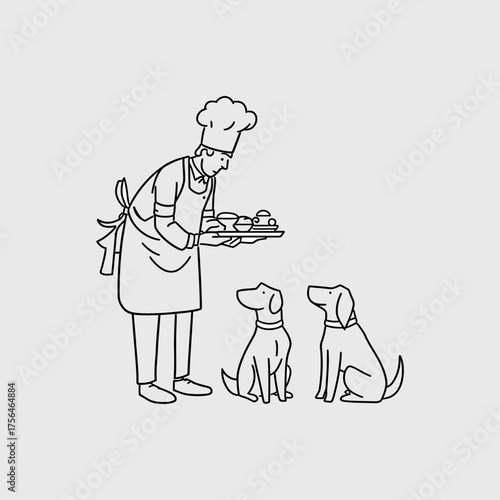 Adorable dogs eagerly awaiting treats from a chef,  cute canine companions,  friendship,  family,  pets,  love,  food,  obedience,  training,  loyalty,  and devotion. Adobe Illustrator Artwork