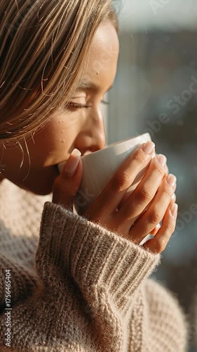 Warm hands cradle a cup of coffee by the window on a cozy morning in a quiet space