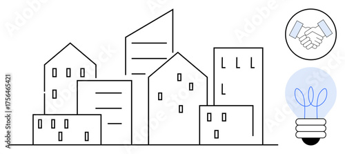 Outlined city buildings, a handshake icon symbolizing partnerships, and a light bulb for innovation. Ideal for business, architecture, urban planning, teamwork, ideas, progress community simple