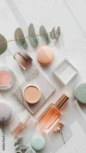 Explore natural beauty products arranged on a white surface with green accents and soft colors