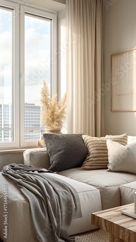 Cozy and modern living room design with natural light in a contemporary apartment