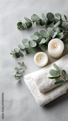 Relaxing spa setup with candles, towels, and eucalyptus on a smooth surface
