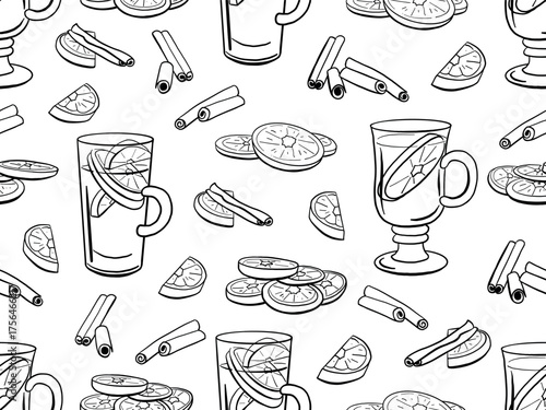 Christmas drink seamless pattern with mulled wine drink, citrus slices and cinnamon. Seasonal winter treats, hand drawn doodle vector illustration.
