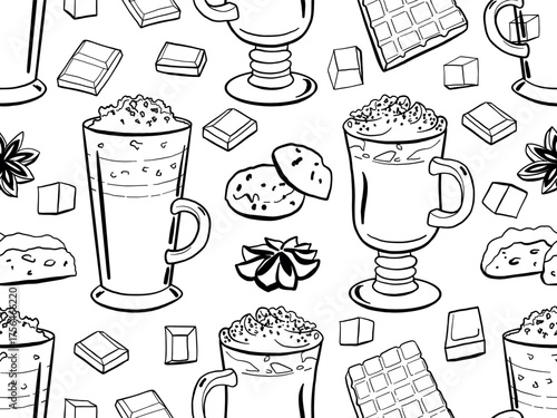 Christmas peppermint mocha drink seamless pattern with chocolate, cookies. Seasonal winter treats, hand drawn doodle vector illustration