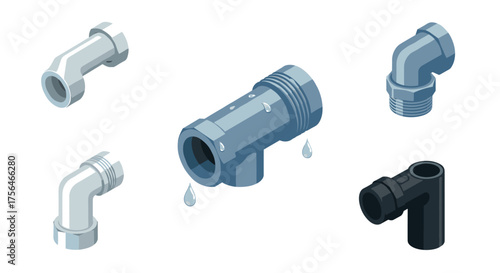 Isometric water pipe elements with leak and droplets