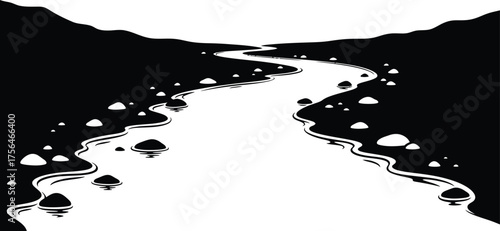 A winding river flows through a valley, with rocks scattered along the riverbed