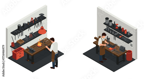Isometric blacksmith workshop with tools and craftsman at work