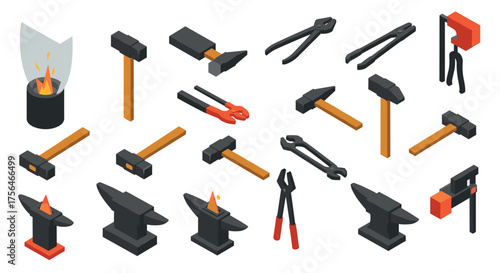Isometric blacksmith tools collection with hammers, anvils, and tongs