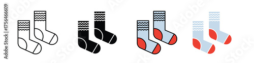 Socks icon on a clean white background in EPS format, shown in stroke outline, solid fill, flat color, and shaded color styles. Perfect for winter clothing, warmth, fashion, wardrobe, laundry, cozy.