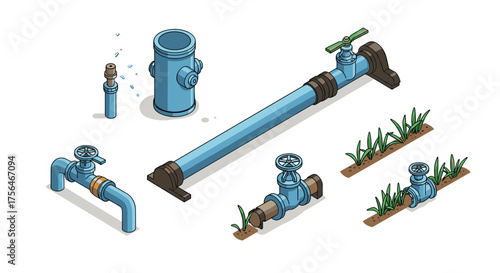 Isometric plumbing elements: pipe systems and valves for irrigation