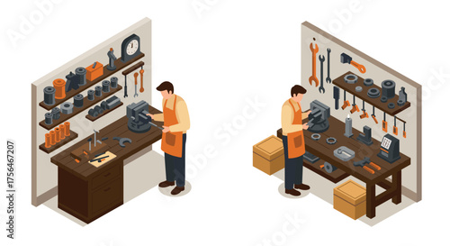 Isometric workshop scene with mechanic working on tools and equipment