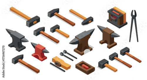 Isometric blacksmith tools set: hammers, anvils, tongs, forge essential elements