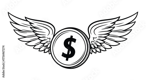 Vector illustration of black and white illustration of a coin with a dollar sign and wings