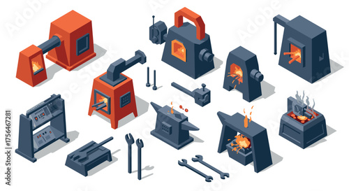 Isometric blacksmith workshop tools and furnaces: forge equipment collection