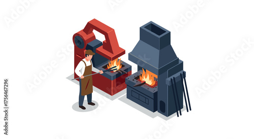Isometric blacksmith workshop with forge and anvil in action
