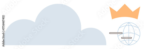 Blue cloud, globe with lines, and orange crown. Ideal for technology, innovation, global reach, leadership, cloud computing communication teamwork. Minimalist flat metaphor
