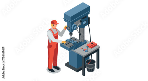 Isometric worker operating industrial drill press in workshop setting