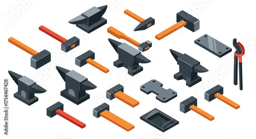 Isometric blacksmith tools set with anvil, hammer, and tongs for forging and…