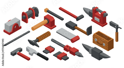 Isometric set of industrial tools for metalworking and carpentry projects