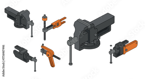 Isometric workbench tools set featuring clamps and vices in gray and orange